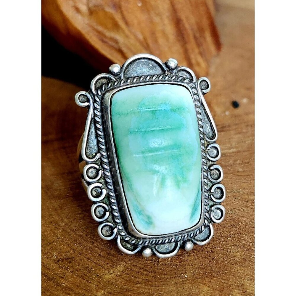 VTG Sterling Silver Handmade BIG Carved Green Stone Ring Sz 7.5 Split Shank